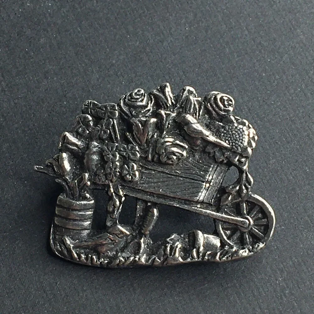 Birds & Blooms Brooch Pin‎ Pewter Flower Wheelbarrow Granny Cottage Fairycore